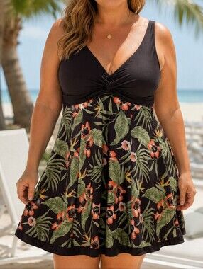 Black Floral One-Piece Swimdress with Peach and Green Tropical Print